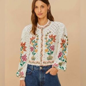 FARM RIO OFF WHITE GARDEN DELIGHT ROSEWOOD CARDIGAN SWEATER XL